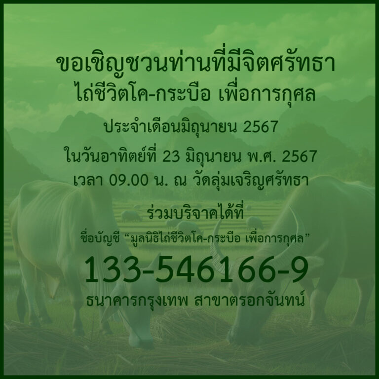 ข่าวประชาสัมพันธ์ : กิจกรรมพิธีไถ่ชีวิตโค-กระบือ ประจำเดือนมิถุนายน พ.ศ. 2567